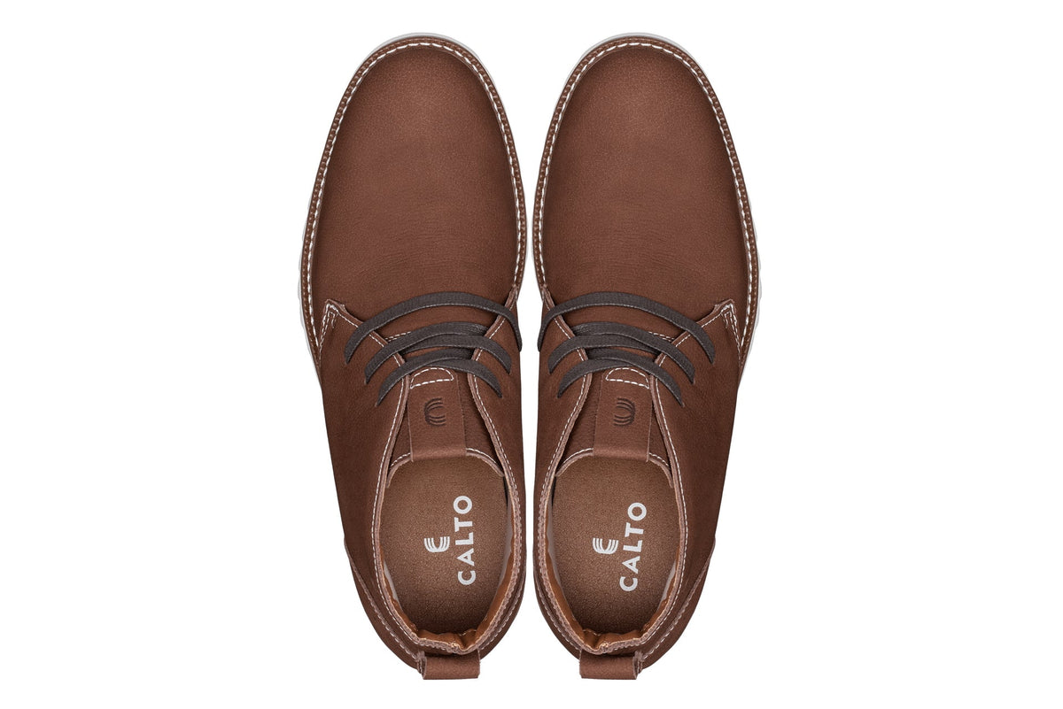 CALTO - J2193 - 2.6 Inches Taller (Brown/White Sole) - Nubuck Chukka Boots
