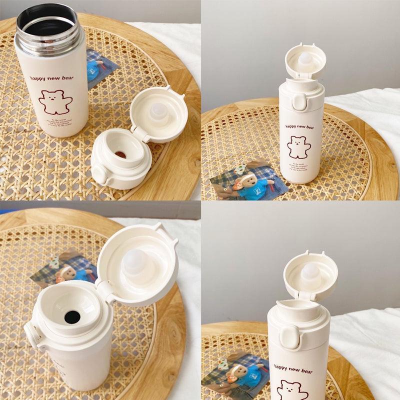 Cute Bear Travel Flask Vacuum Insulated Water Bottle Flip Top Lid