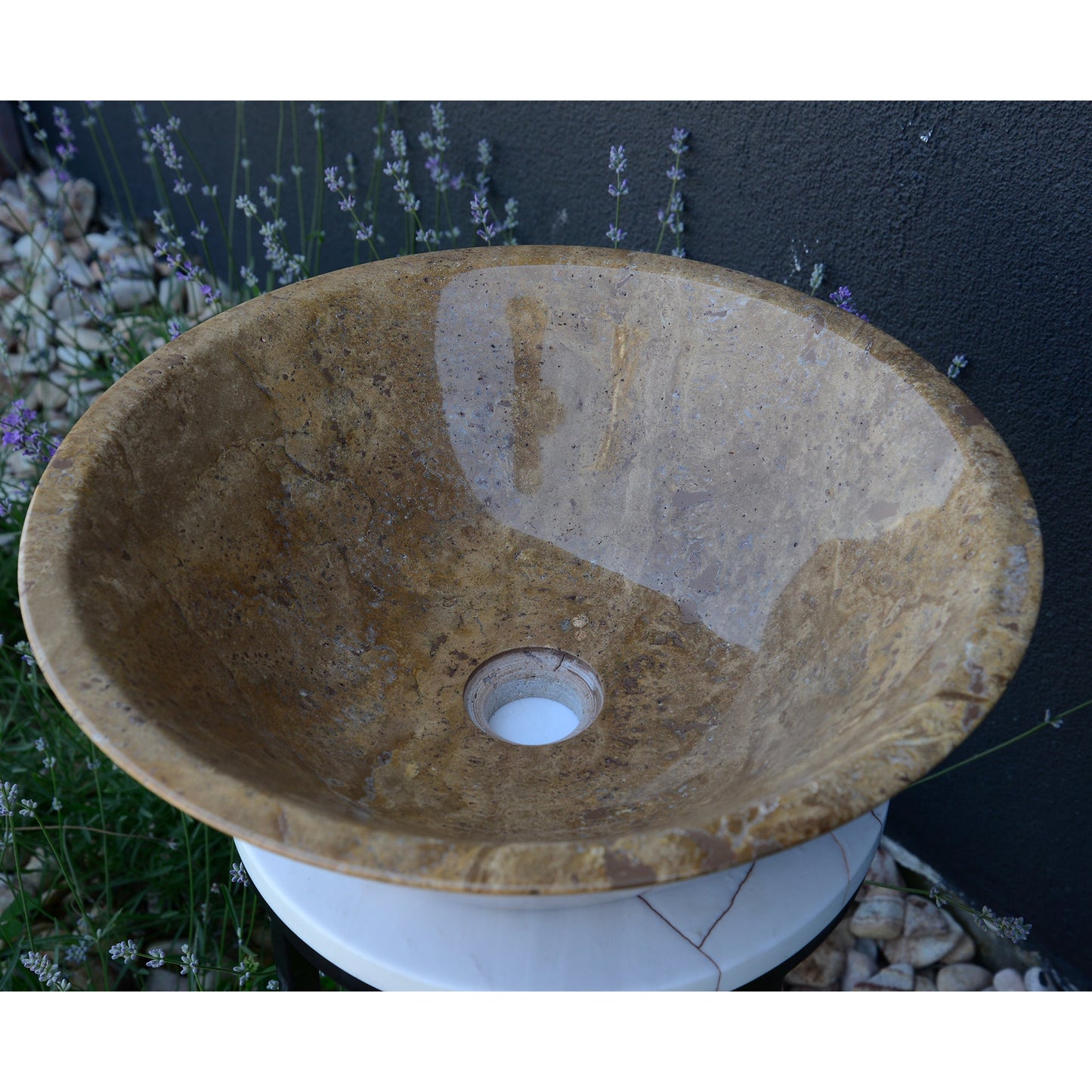 Noce Brown Travertine Vessel Sink - Handcrafted Carved Round