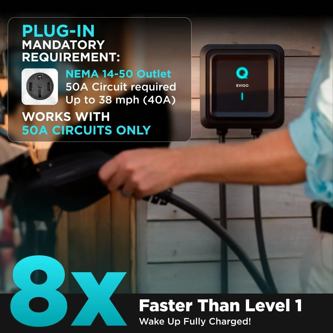 EVIQO NACS Level 2 EV Charger, 40A (9.6kW), 240V, NEMA 14-50 Plug In, for Tesla EVs