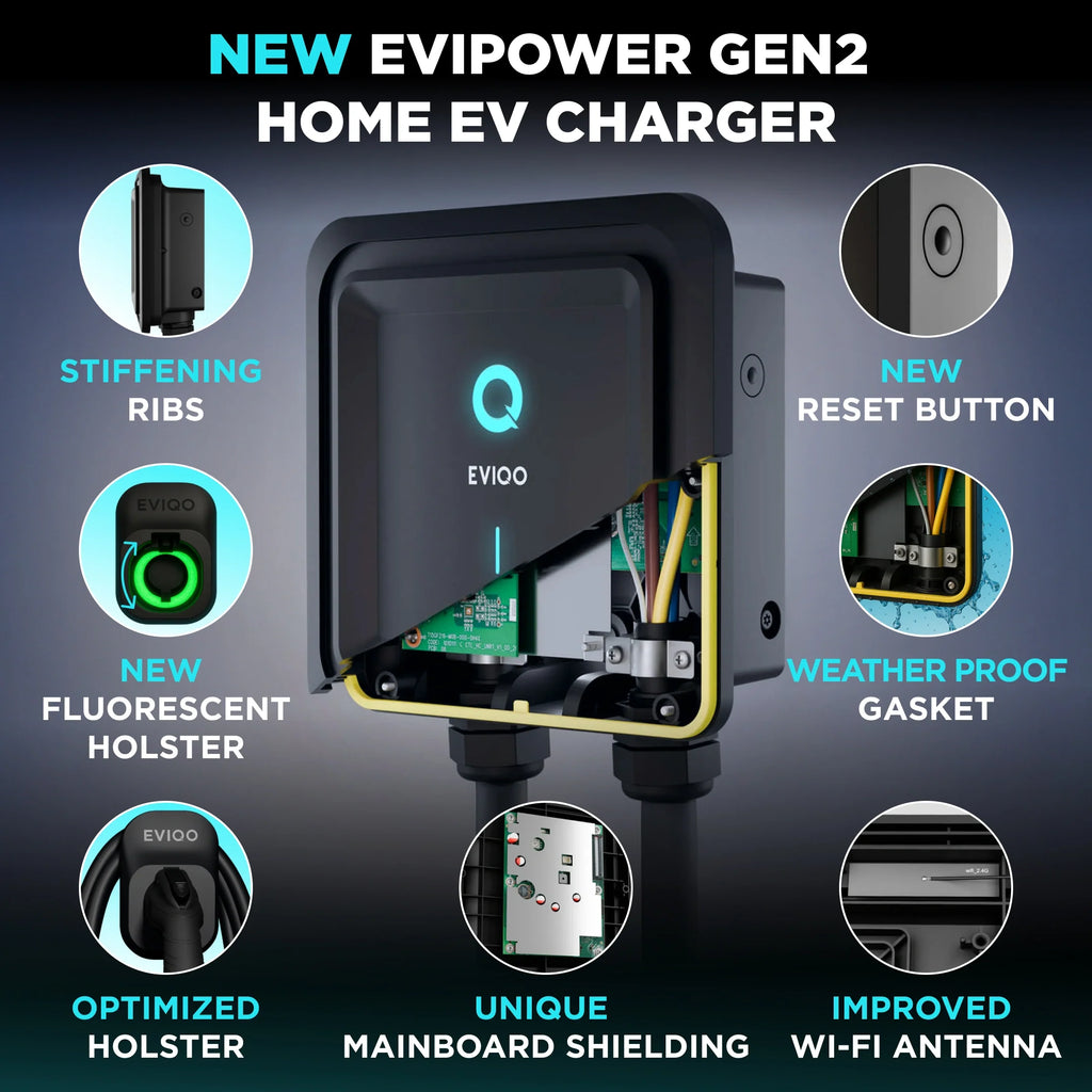 EVIQO NACS Level 2 EV Charger, 40A (9.6kW), 240V, NEMA 14-50 Plug In, for Tesla EVs