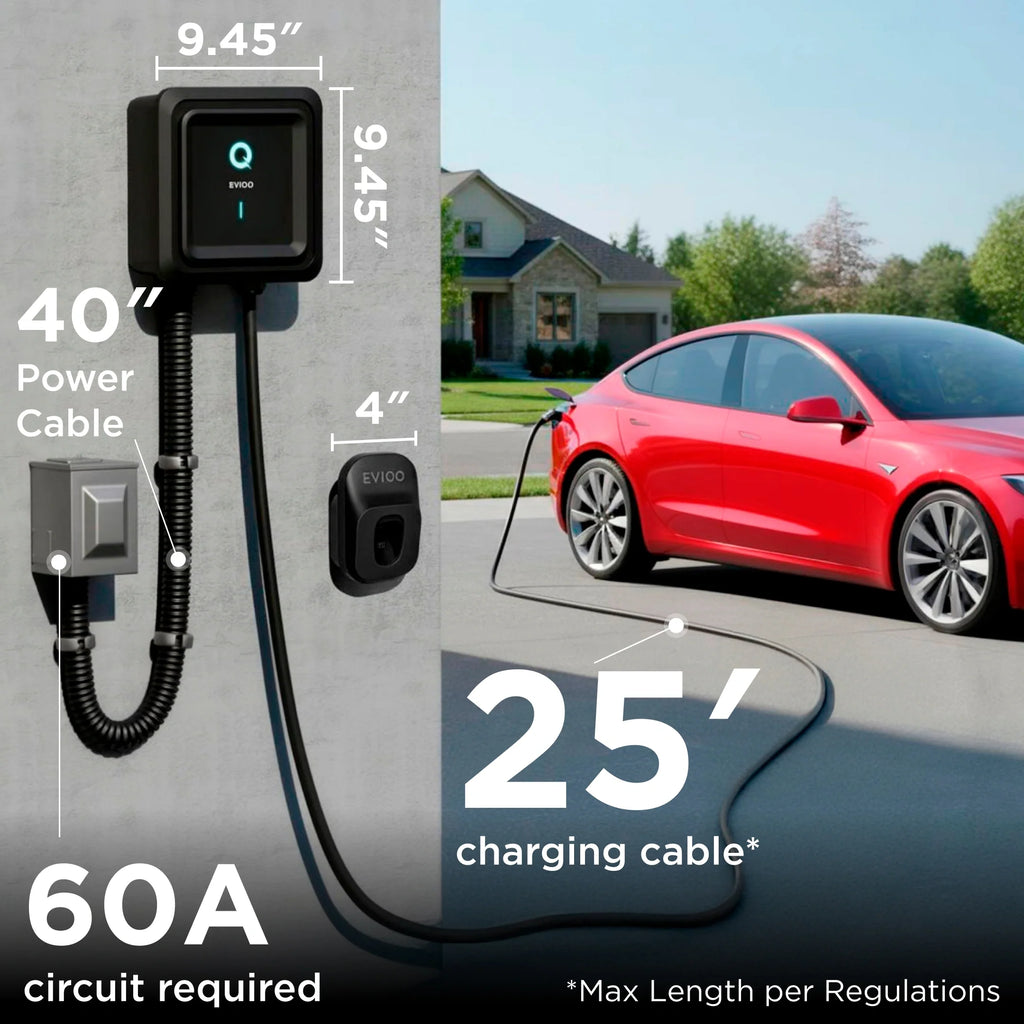 EVIQO NACS Level 2 EV Charger, 48A (50A Max), 240V, Hardwired, for Tesla EVs