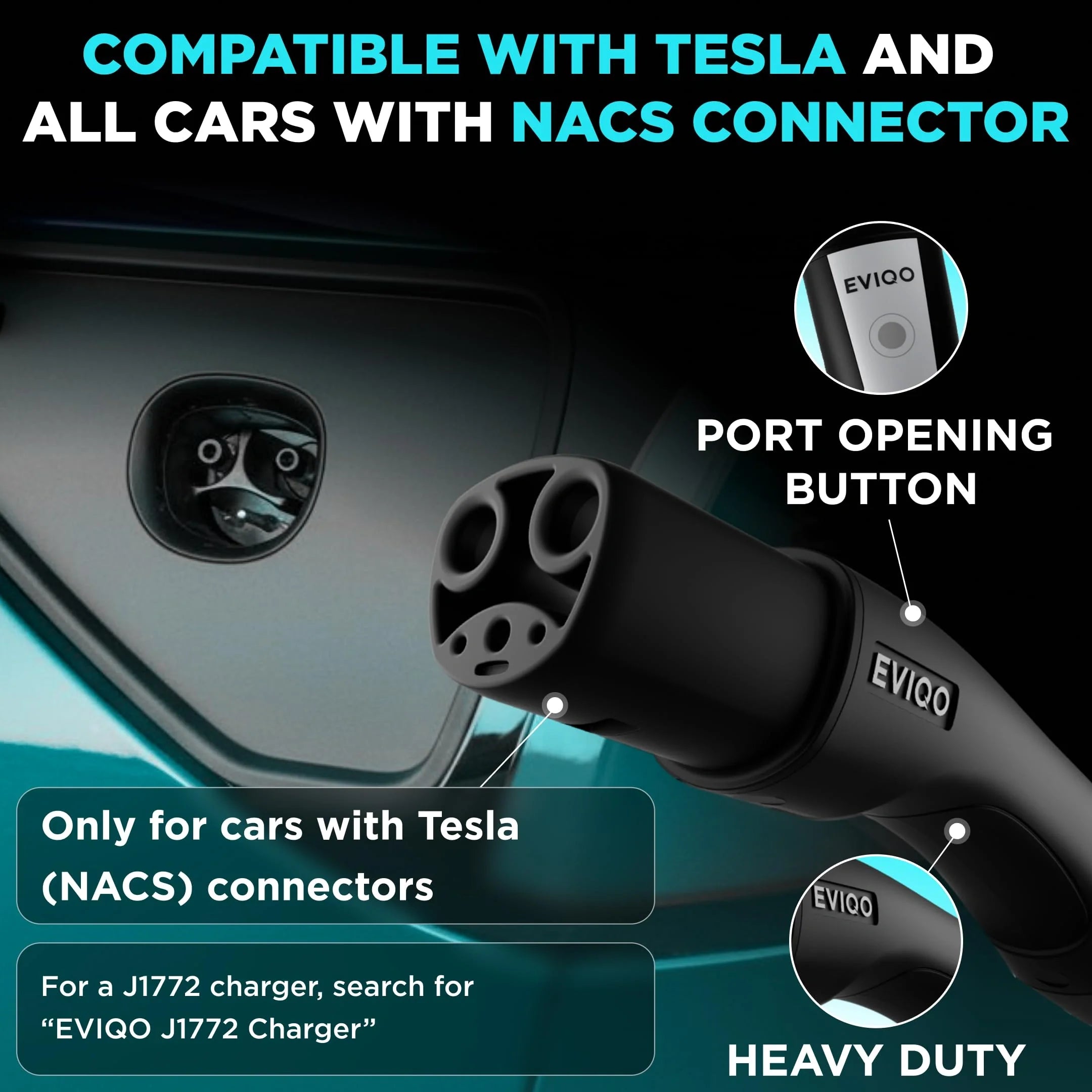EVIQO NACS Level 2 EV Charger, 48A (50A Max), 240V, Hardwired, for Tesla EVs