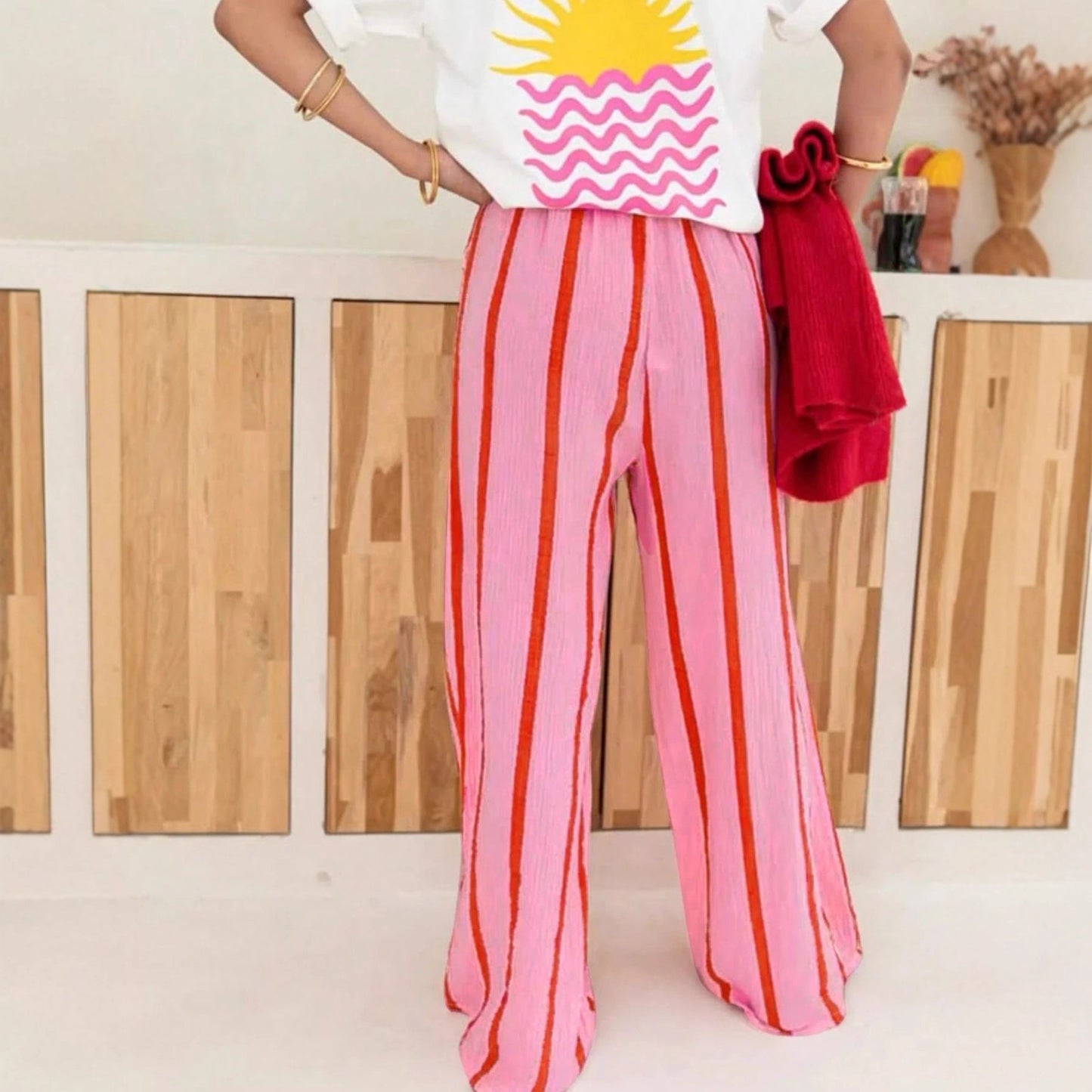 Women Striped Print Slim Fit Casual Long Pant
