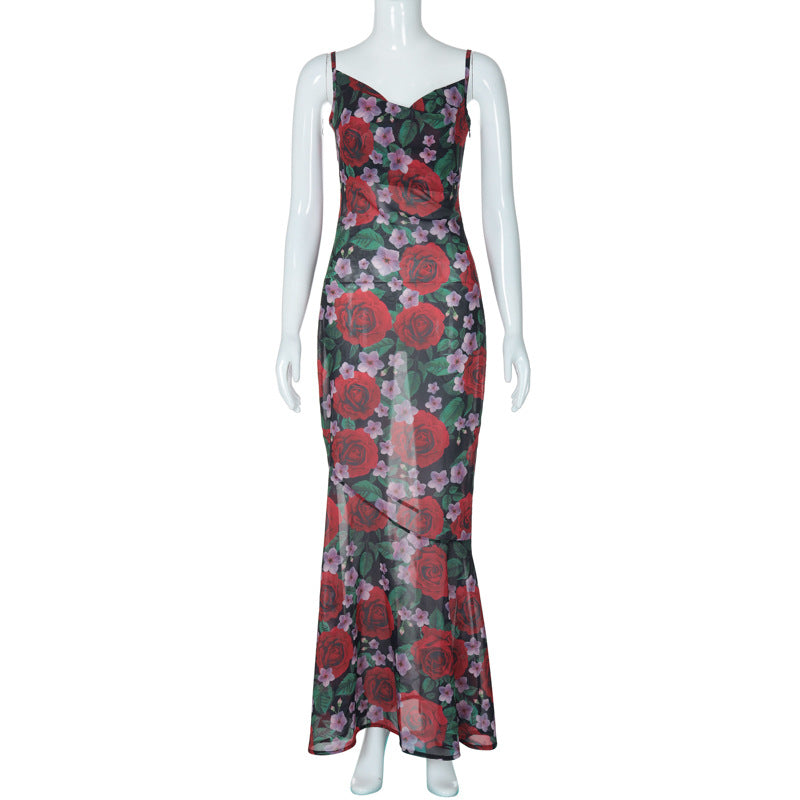 Spring Fashionable Sexy V neck Elegant All Match Slim Fit Long Printed Cami Dress for Women