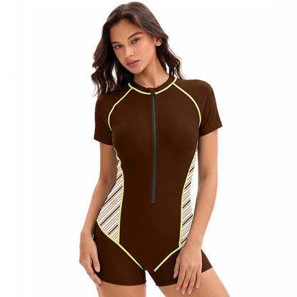 Swimsuit Women Sports One Piece Color Matching Boxer Conservative Short Sleeve Swimsuit