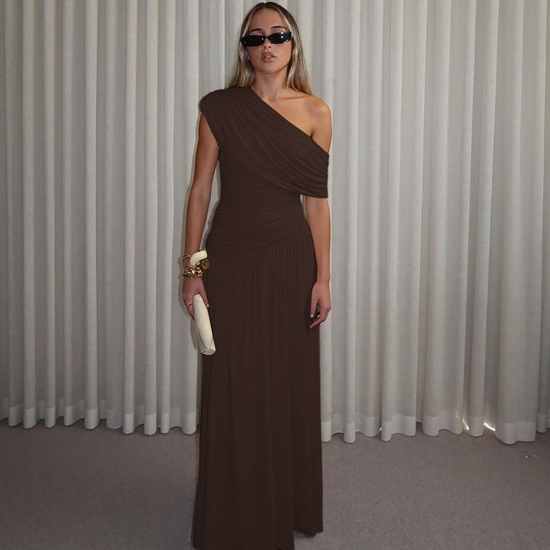 Women Clothing Spring Arrival Fashionable Sexy Diagonal Collar Pleated Asymmetrical Solid Color Dress
