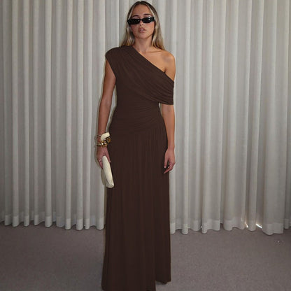 Women Clothing Spring Arrival Fashionable Sexy Diagonal Collar Pleated Asymmetrical Solid Color Dress