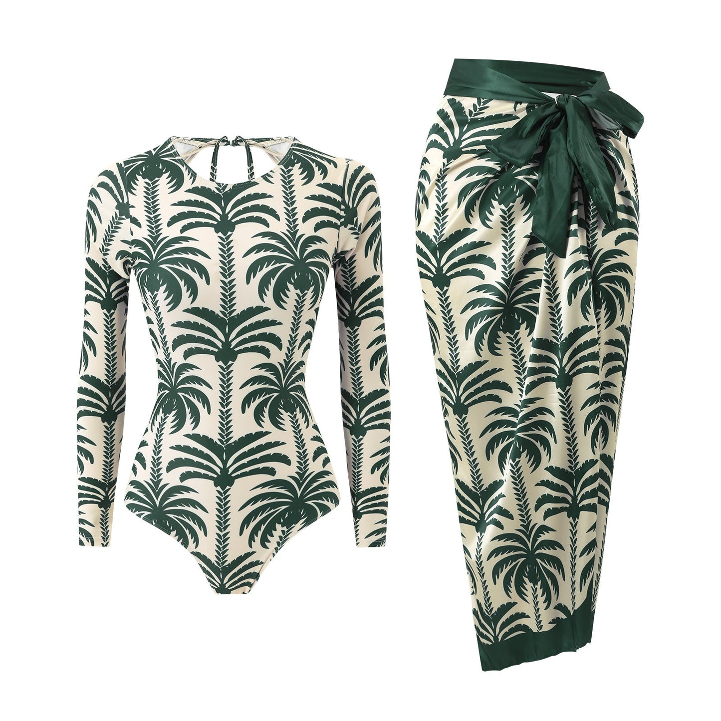 Model Bikinyamasun Coconut Print Long Sleeved Sun Protection Beach Two Piece Sets Conservative Swimsuit