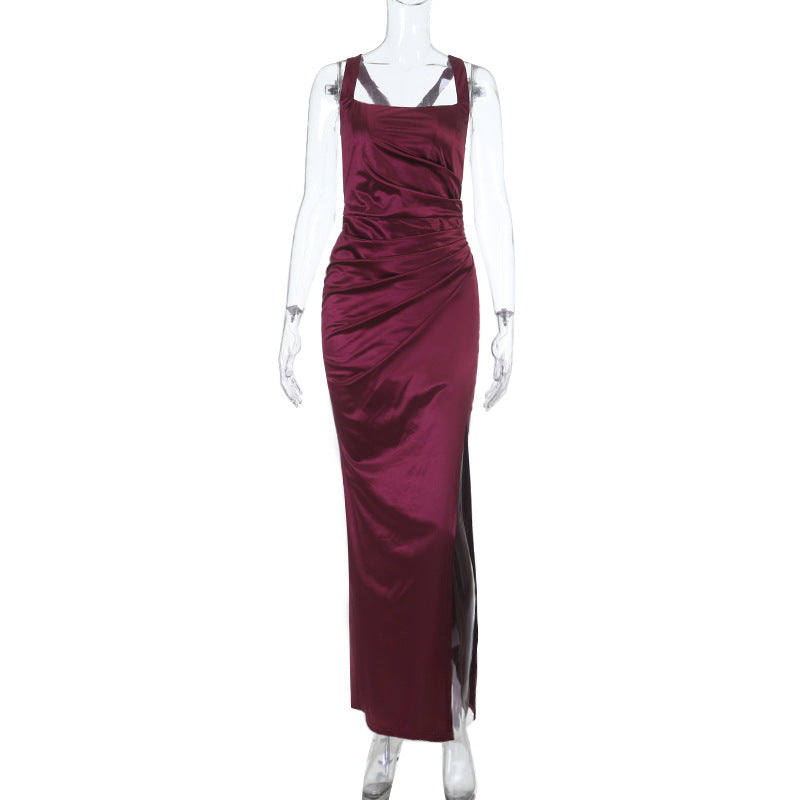 Retro Wine Red Summer Slim Fit Sexy Waist Square Collar Dress