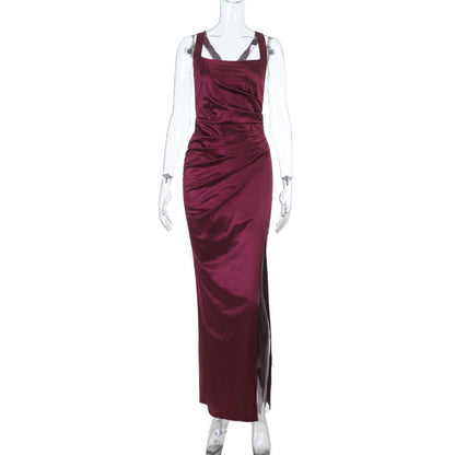 Retro Wine Red Summer Slim Fit Sexy Waist Square Collar Dress