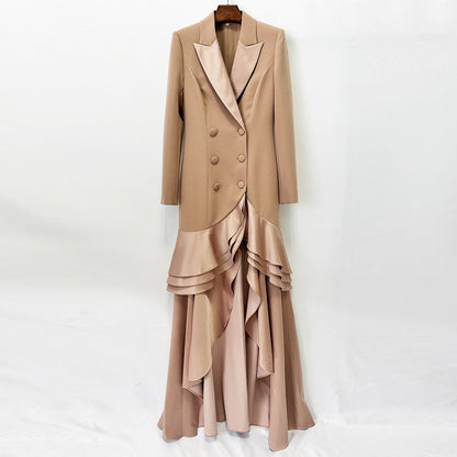 Dinner Formal Dress Tailored Collar Ruffled Double Breasted Slim Fit Maxi Dress
