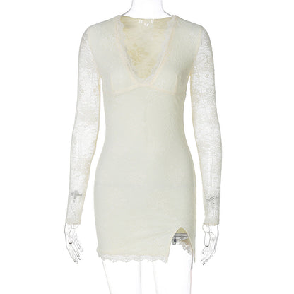 Women Clothing Autumn Winter Sexy Mesh Stitching Long Sleeve Narrow Dress