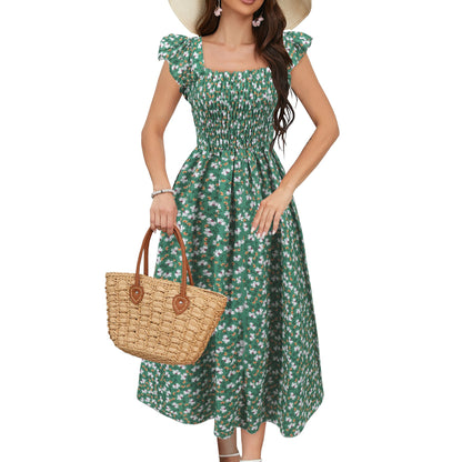 Summer Flying Sleeves Printed Dress Casual Waist Tight Square Collar A Swing Dress