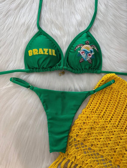 Animal Embroidery Bikini Solid Color Sexy Split Swimsuit Women