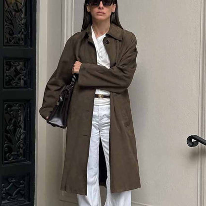 Spring Summer Casual Retro Classic Brown Long Knitted Suede Fabric Long Sleeve Overall Trench Coat Women