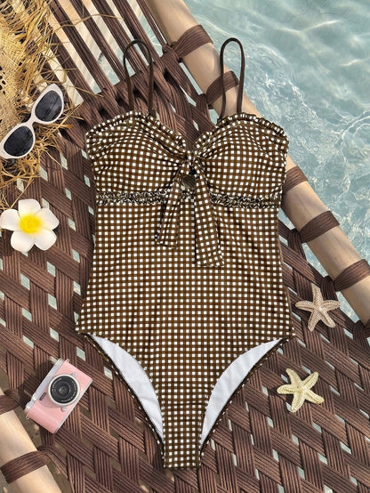 Bikini Tube Top Detachable Shoulder Strap Two Piece One Piece Plaid Printed Design Swimsuit for Women