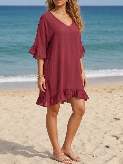 Beach Women Dress Clothing Sexy Backless Deep V Plunge Ruffled Beach Dress Loose Bikini
