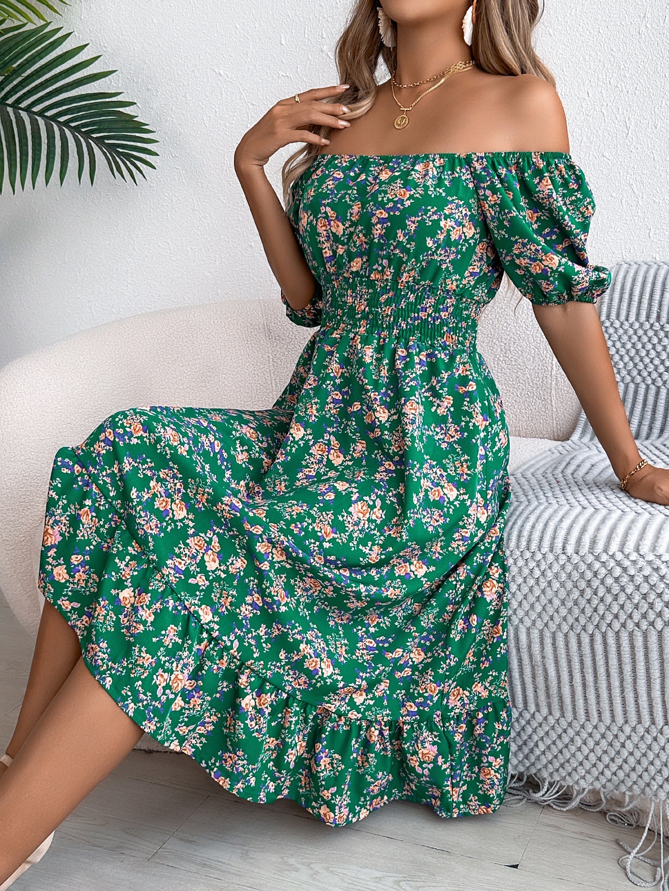 Spring Summer Floral Square Collar Short Sleeve Waist Controlled Ruffled A line Women Clothing