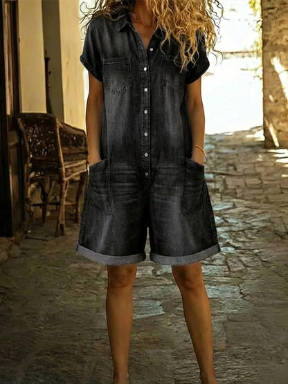 Spring Short Sleeve Multi Pocket Shirt Washed Denim Jumpsuit Shorts Women Clothing