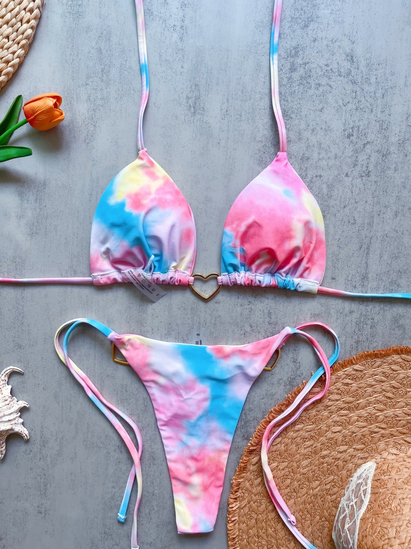 Floral Print Love Accessories Bikini Set Low Waist Lace up Biquini