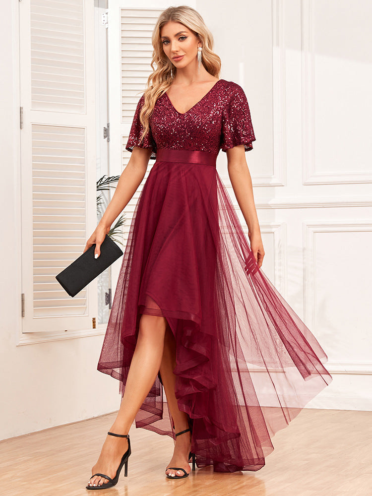 Spring Summer Double V neck Elastic Waist Short Sleeve Irregular Asymmetric Evening Dress Party Midi Women Dress
