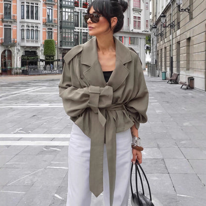 High End French Large Collared Lace up Windbreaker Women Autumn Coat
