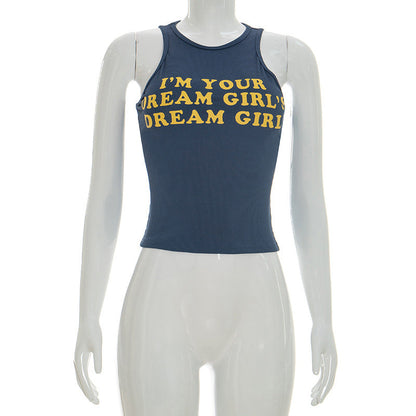 Women Clothing Summer Solid Color Letters Offset Printing Thread Sleeveless Vest Cropped Short Top
