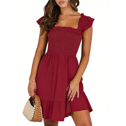 Women Clothing Summer Square Collar Plaid Smocking Sweet Mid Length Dress