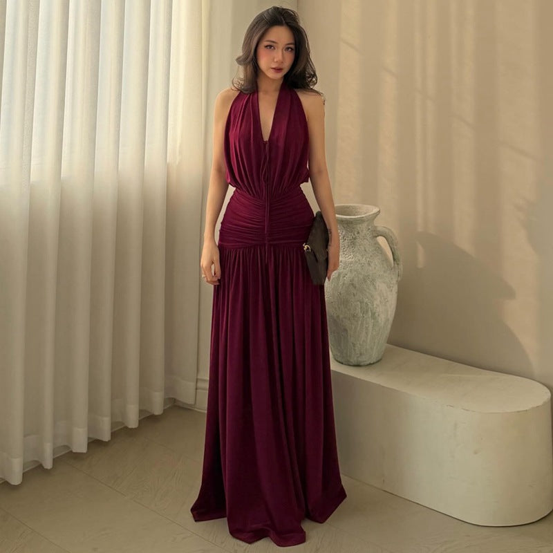 Women Clothing Sexy V neck Sleeveless Halter Pleated Waist Tight Slimming Evening Dress
