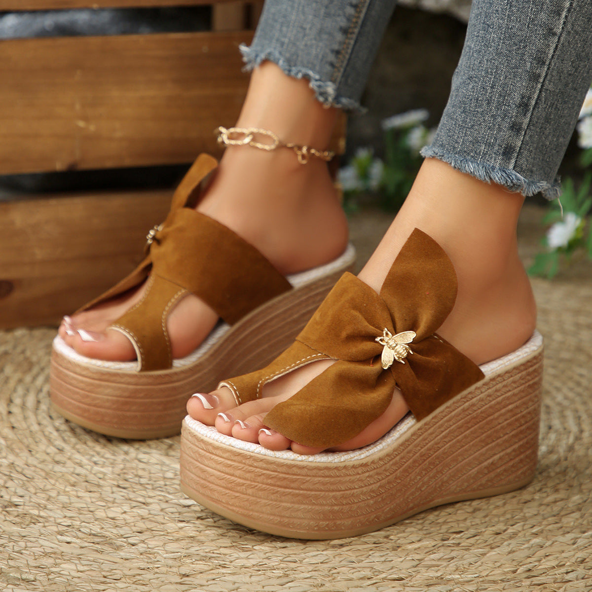Metal Buckle Suede Toe Covering Wedge Slippers Women Bow Platform Muffin Beach Sandals