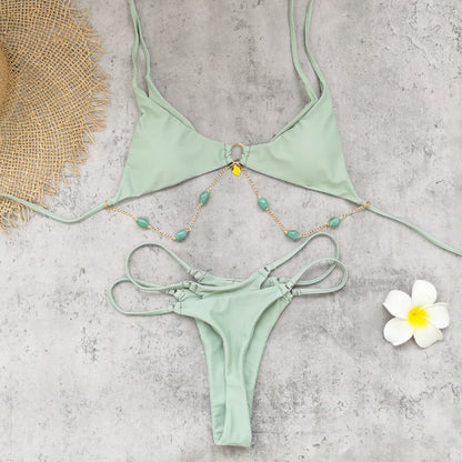 Fresh Solid Color Beaded Multi Rope Strap Faux Two Piece Bikini Sexy Split Swimsuit Women