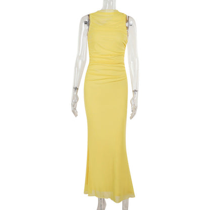 Autumn Solid Color Maxi Dress Fashionable Elegant Slim Mesh Vest Dress
