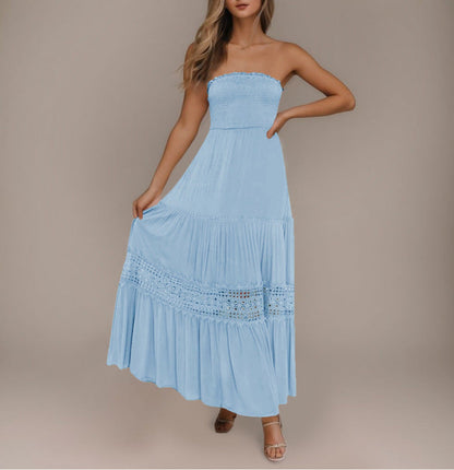 Solid Color Tube Top Hem Long Sleeveless Retro Bohemian Waist Tight Dress