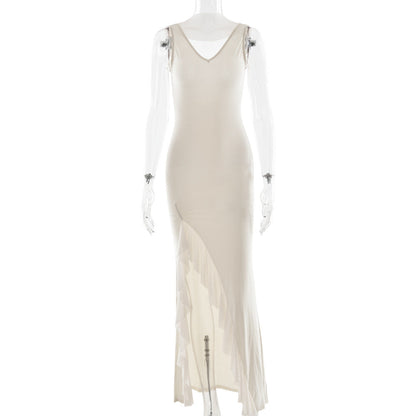 Summer Elegant Ribbon Women Dress Sexy Backless High Slit Ruffled Slim Dress
