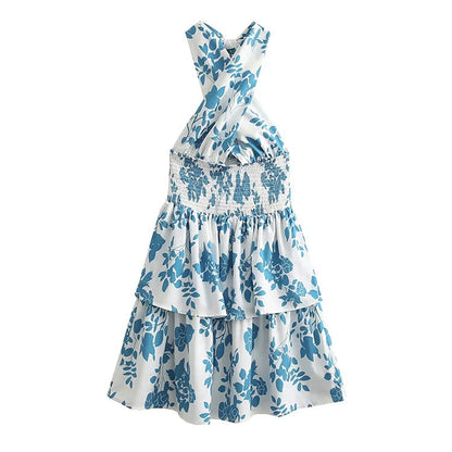 Vacation Printed Lace-up Laminated Dress Sexy Backless Women Dress Summer Deep V Plunge Plunge Halter