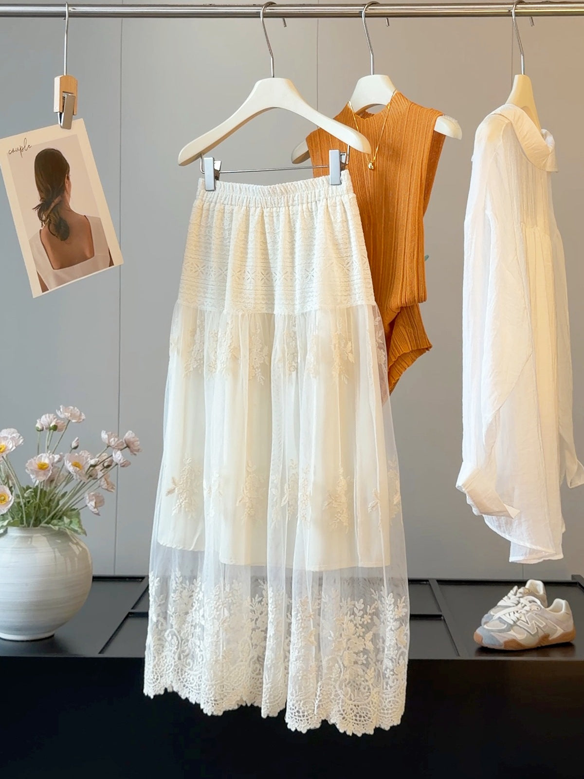 French Hollow Out Cutout Chain Link Fence Yarn Women Summer Elastic High Waist Slimming A line Drape Large Swing Skirt