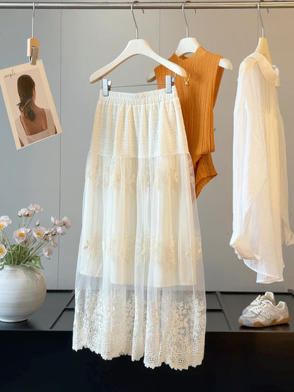 French Hollow Out Cutout Chain Link Fence Yarn Women Summer Elastic High Waist Slimming A line Drape Large Swing Skirt