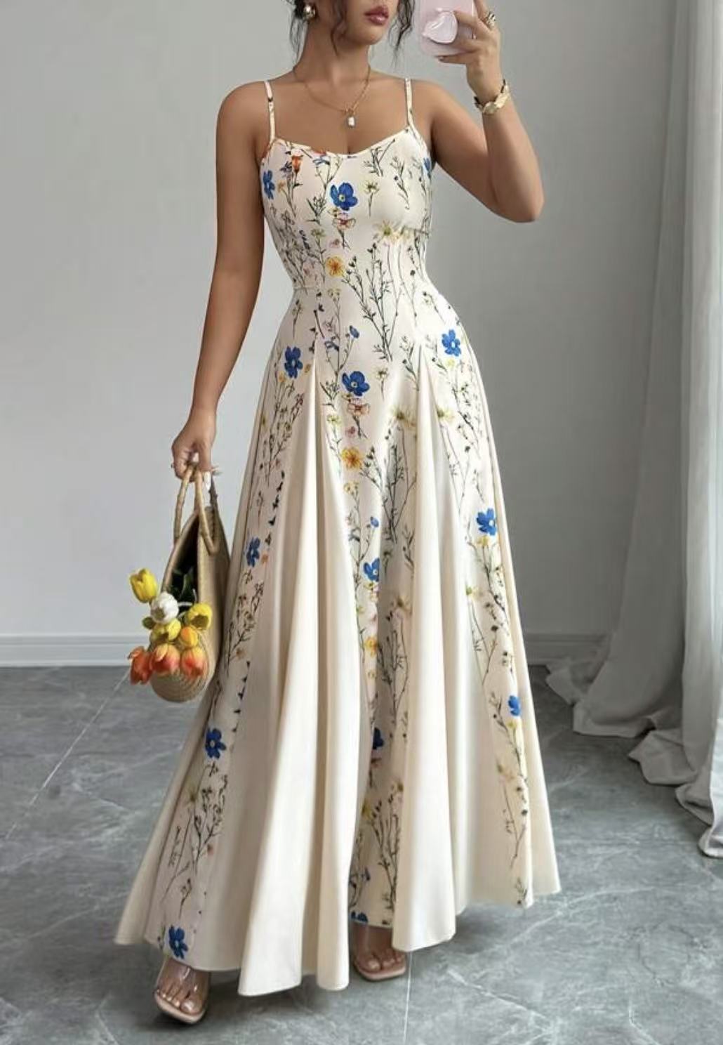 Summer Printed Waist Controlled Splicing Sling Maxi Dress Women Elegant Floral Dress