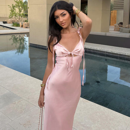 Summer Sexy V neck Lace Strap Satin Dress Sleeveless Self Tie Dress Women