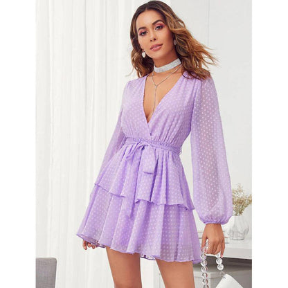 Women Summer Fashion V-neck Double Layer Lower Hem with Lace Polka Dot Dress