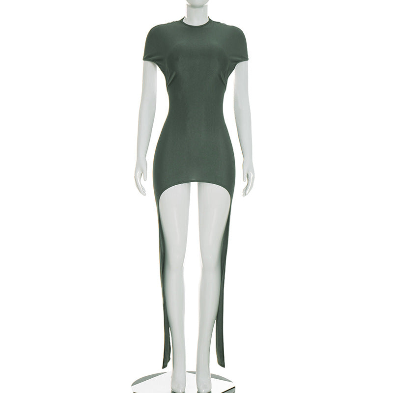 Women Clothing Summer Solid Color Sexy Short Sleeve Back Hollow Out Cutout Ribbon Pleated Slim Dress