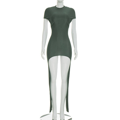 Women Clothing Summer Solid Color Sexy Short Sleeve Back Hollow Out Cutout Ribbon Pleated Slim Dress