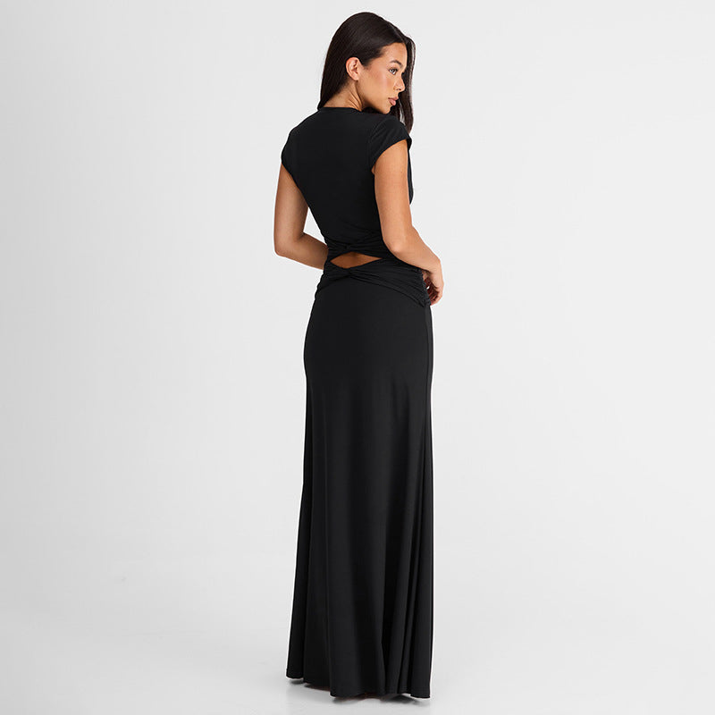 Women Clothing Autumn Solid Color Casual Short Sleeve Hollow Out Cutout Out Deep V Bare Cropped Slim Fit Maxi Dress