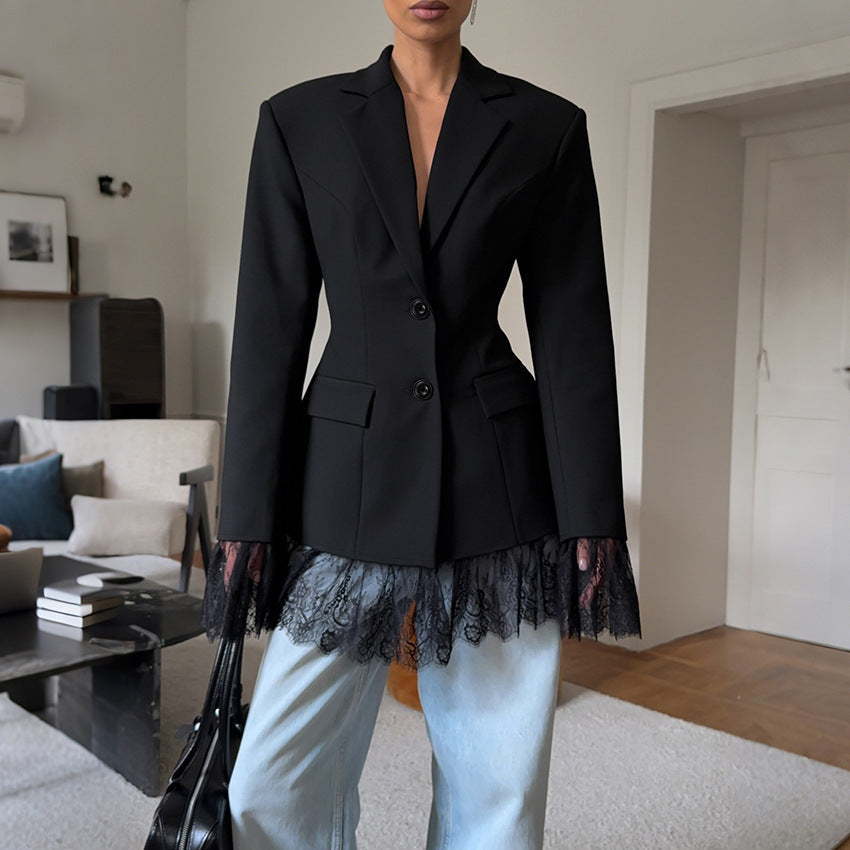 Black Autumn Winter Lace Stitching Office Women Long Sleeve Blazer