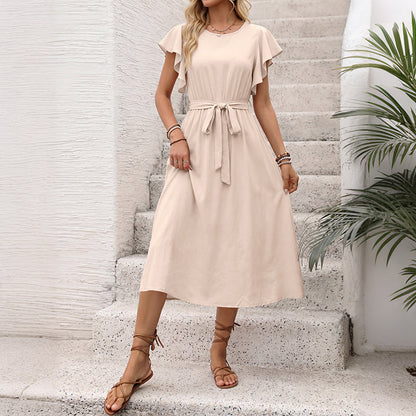 Simple Vacation Solid Color Flying Sleeves round Neck Tied Dress