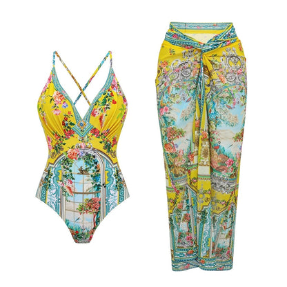 Swimsuit Bright Yellow Garden Print Vacation Swimsuit Women Long Skirt