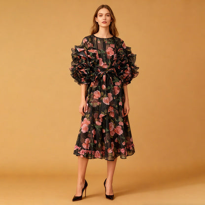 Retro Romantic Palace Rose Print Dress for Women round Neck Design Puff Sleeve Dress