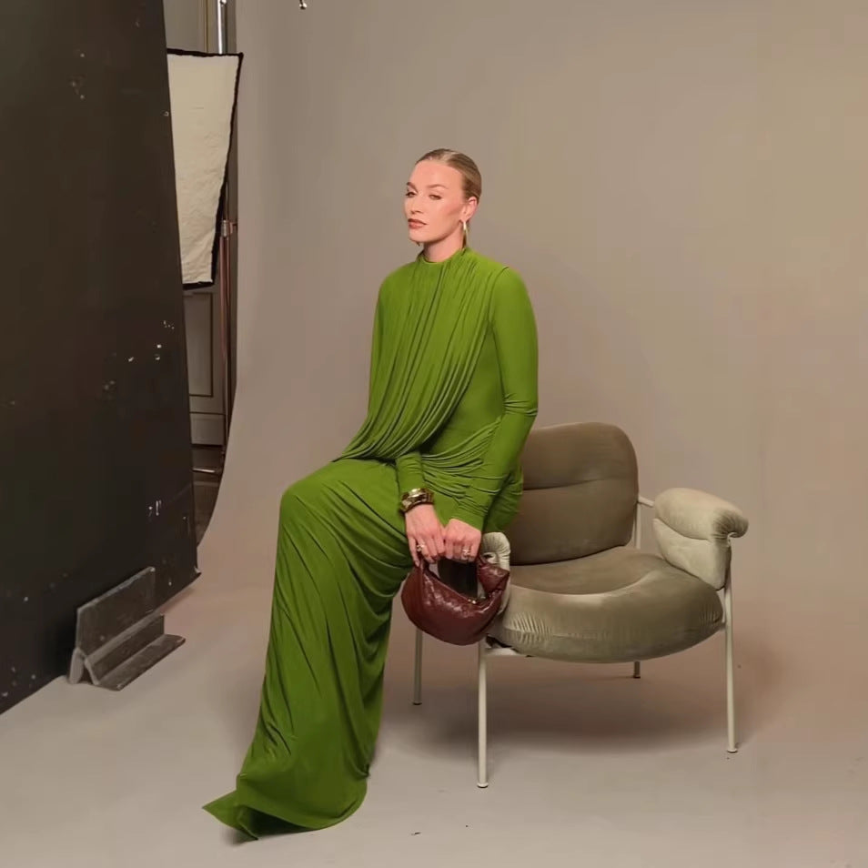 Dress Winter round Neck Green Pleated Long Sleeve