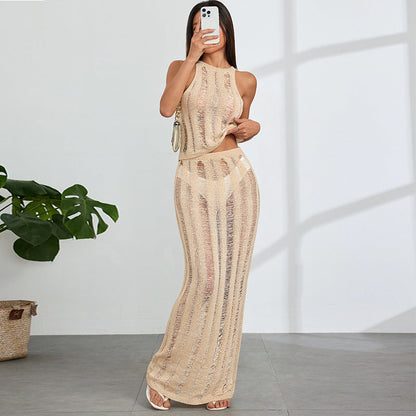 Women Clothing Sexy Hollow Out Cutout Floral Texture Sleeveless Skirt Set Beach Cover up Long Skirt